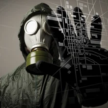 A terrorist in a gas mask holding his hand up to a digital image