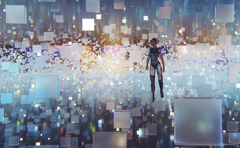 Futuristic cyborg walking in VR environment.