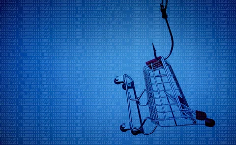 A fish hook with a trolley / Stealing online shopping data concept