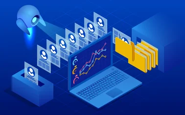 Isometric robot analyzes the database of employees or personnel. Data processing. Robot HR manager. Artificial intelligence working for big data analysis.