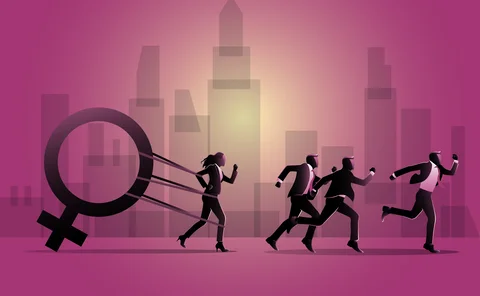 A struggling woman with the burden of pulling a heavy female symbol falling behind a group of running businessmen or men as an unfair gender bias icon
