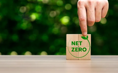 Net zero by 2050. Carbon neutral. Net zero greenhouse gas emissions target. climate neutral long term strategy. No toxic gases, implementing carbon capture and storage technologies. - stock photo