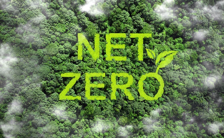 Net zero and carbon neutral concept.Net Zero text on green grass with forest for net zero greenhouse gas emissions target Climate neutral long term strategy on a green background. Carbon Neutrality.