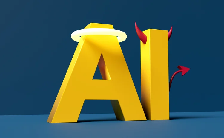AI ethics and morality concept. The use of artificial intelligence for the good or bad. The acronym AI with angel halo and devil's horn and tail on blue background. 3D rendering.