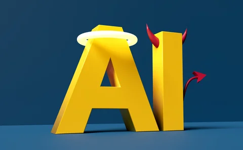 AI ethics and morality concept. The use of artificial intelligence for the good or bad. The acronym AI with angel halo and devil's horn and tail on blue background. 3D rendering.