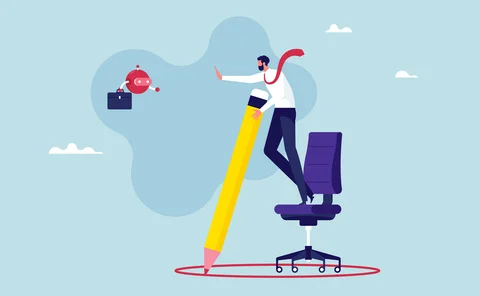 Artificial intelligence vs human concept, protect job form stealing by robot or artificial intelligence, businessman Drawing Circle Around Office Chair