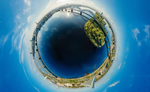 Sphere Planet. Bridge and houses in Riga city, Latvia 360 VR Drone picture for Virtual reality, Panorama