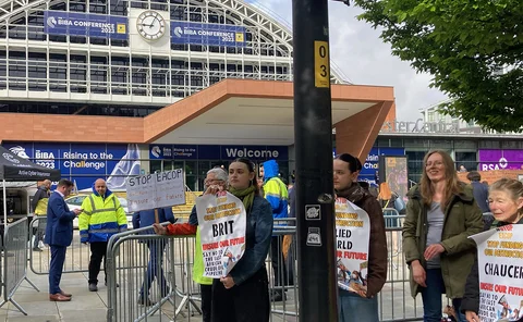 Protestors at BIBA Conference 2023 in Manchester, 11 May 2023